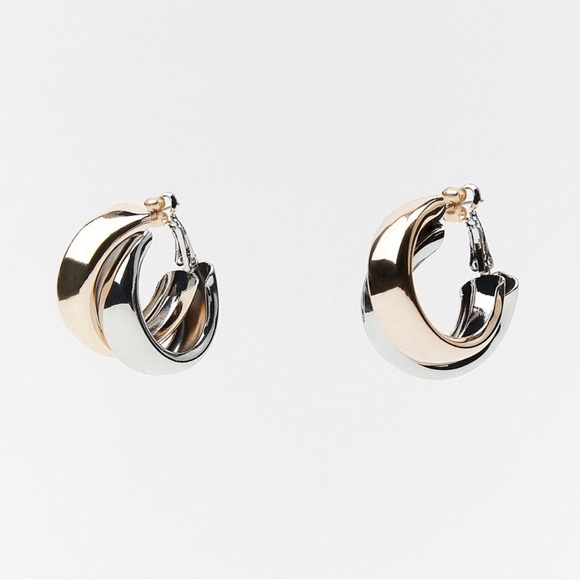 NWT. Zara Golden/Metal Double Hoops Earrings. - Picture 2 of 9